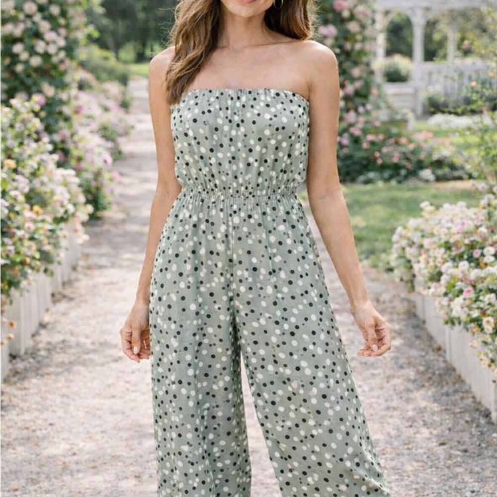 Elegant Green Polka Dot Strapless Jumpsuit
